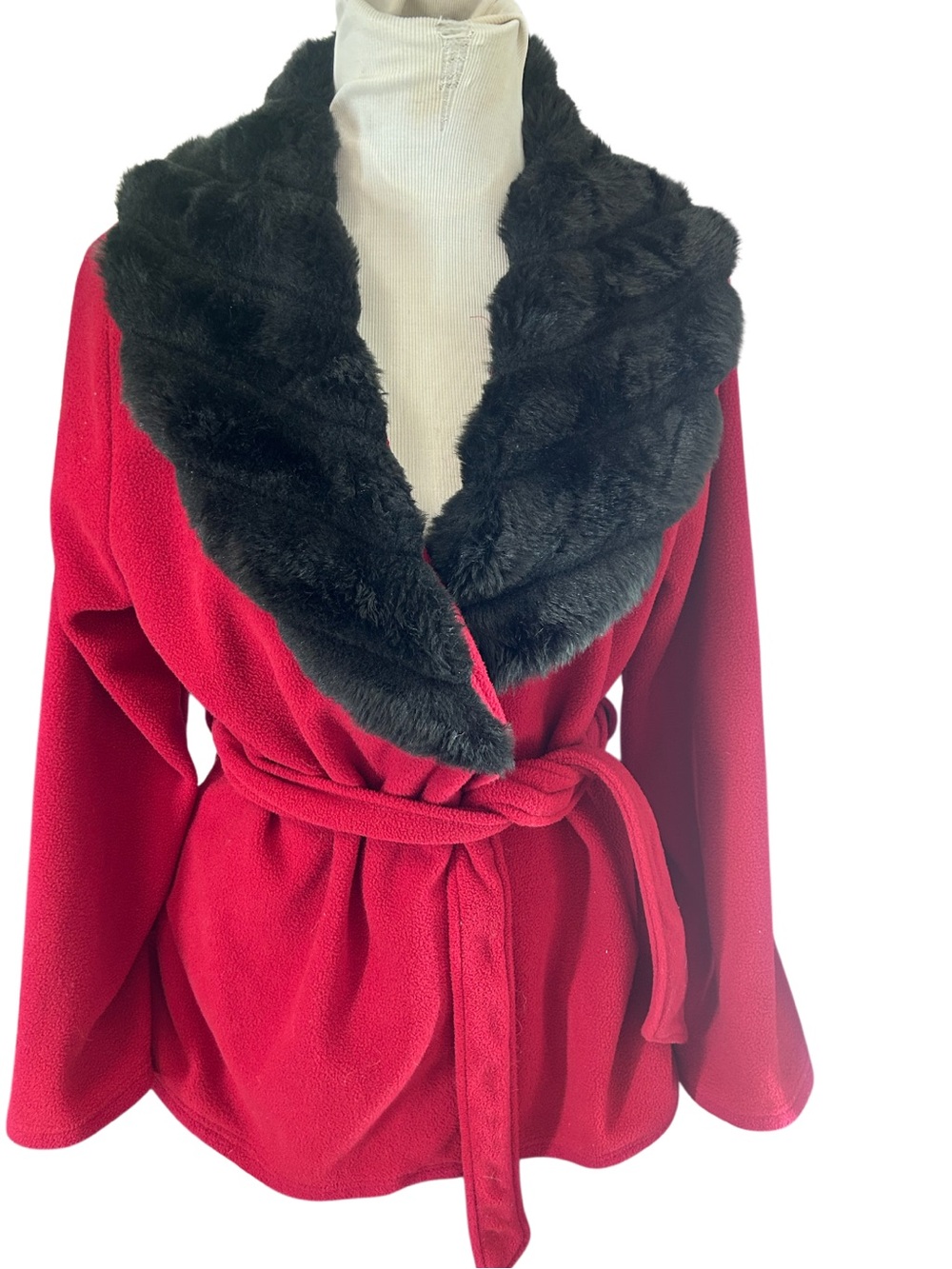 Le Moda Red Polar Fleece Wrap Jacket with Black Faux Fur Trim Collar Large